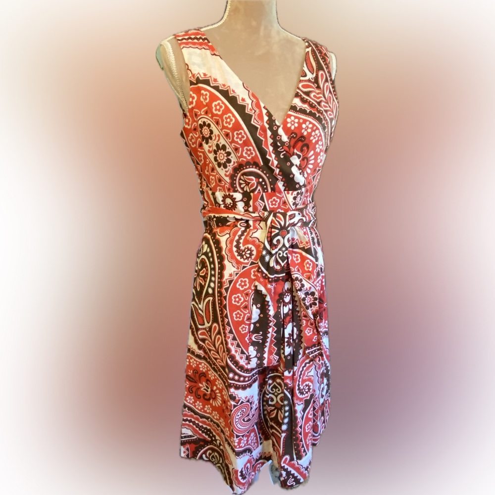 Talbots Sleeveless V-Neck Paisley Wrap Dress in Orangey Red and Brown
